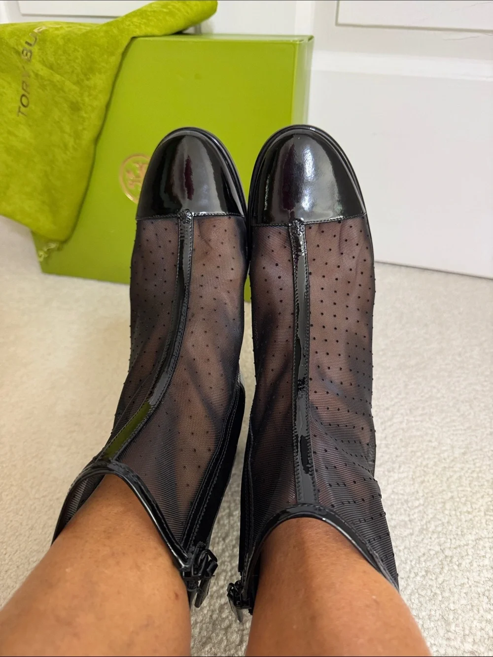 New, Tory Burch Black Patent & Perforated Mesh Ankle Booties Sz 8.5